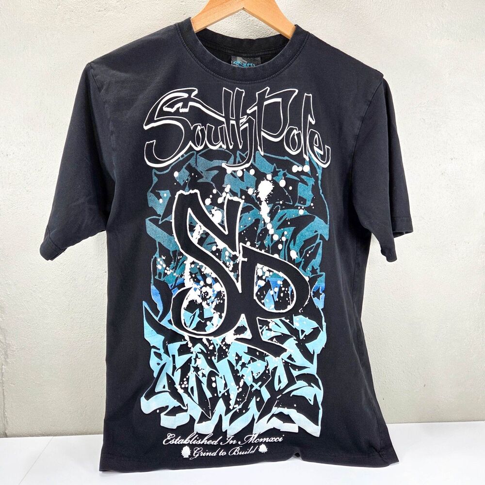 Vintage Y2K Southpole Black Graffiti Graphic T Shirt Blue White Sz M